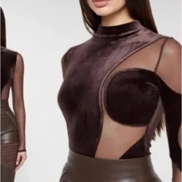Maniere De Voir Bodysuit Sheer Brown Velvet Top Long Sleeves - Picture 1 of 6